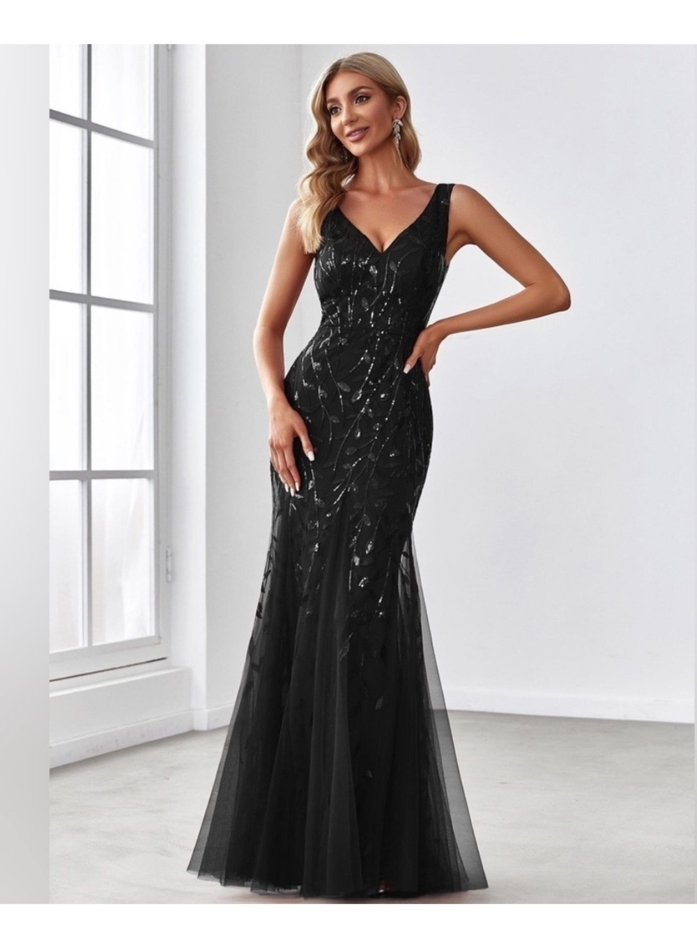 Ever Pretty Black Sequin Embellished Maxi Gown Embroidered Floral 16 Formal